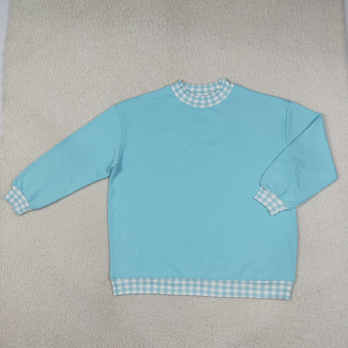 GT1795 Thick Sweatshirts Light Blue Plaid Navy Middle Neckline Adult Women's Shirt Pullover