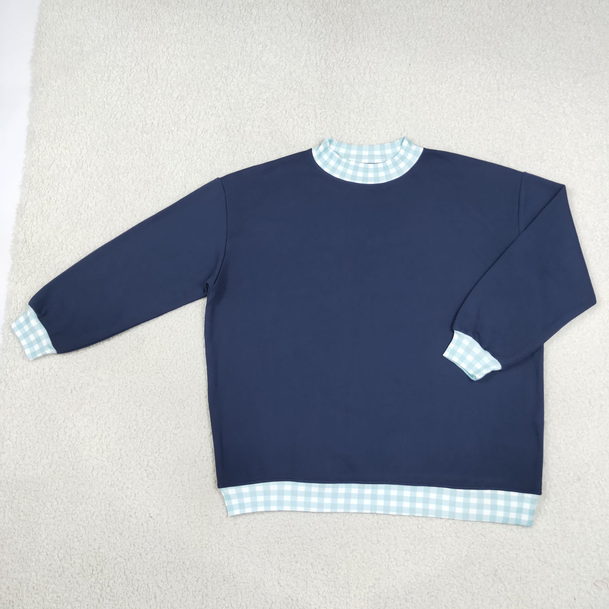 GT1797 Thick Sweatshirts Blue Plaid Navy Middle Neckline Adult Women's Shirt Pullover