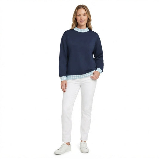GT1797 Thick Sweatshirts Blue Plaid Navy Middle Neckline Adult Women's Shirt Pullover
