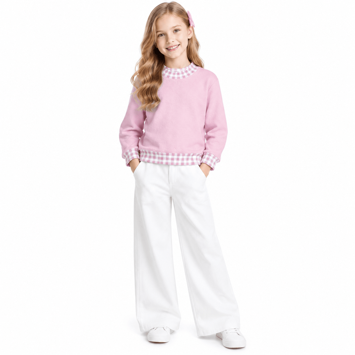 GT1798 Thick Sweatshirts Light Pink Plaid Middle Neckline Pullover