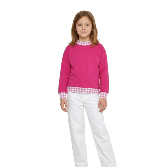 GT1800 Thick Sweatshirts Light Pink Plaid  Middle Neckline Rose Red Pullover