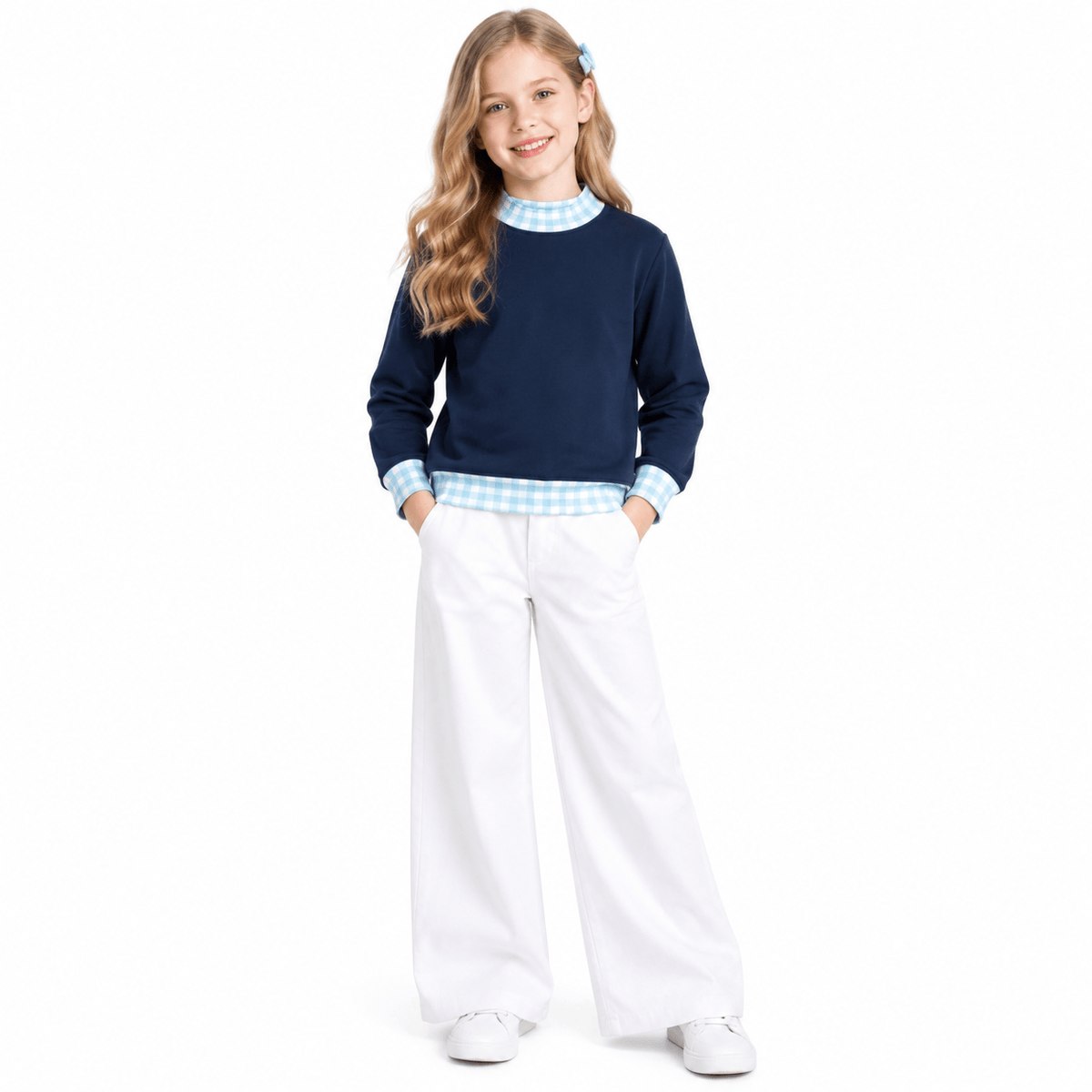 GT1801 Thick Sweatshirts Blue Plaid  Middle Neckline Navy Pullover