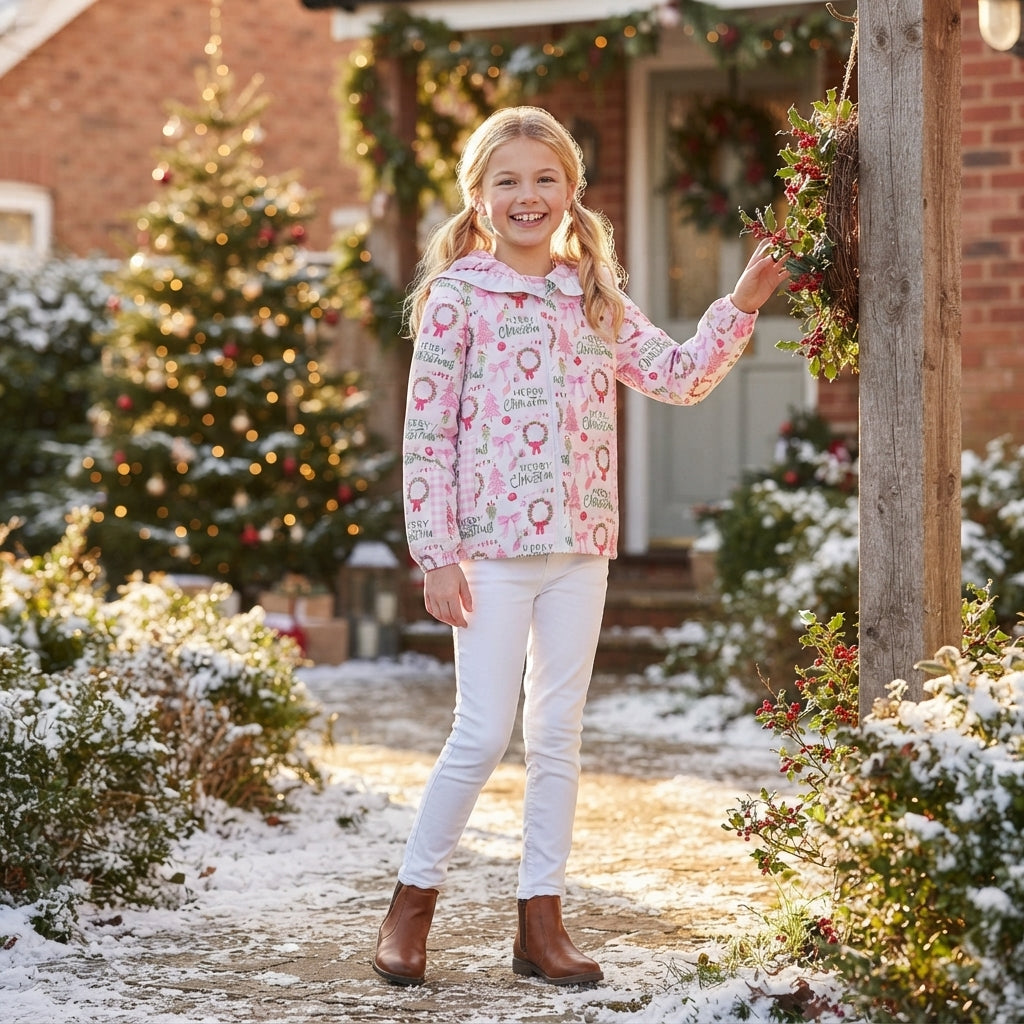 GT1822 Merry Christmas Pink Hoodie Kids Girls Coat