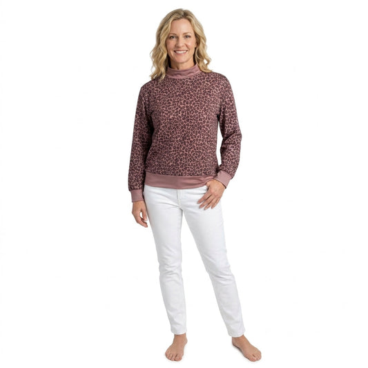 GT1840 Brown Leopard Mockneck Women Adult's Shirt Pullover
