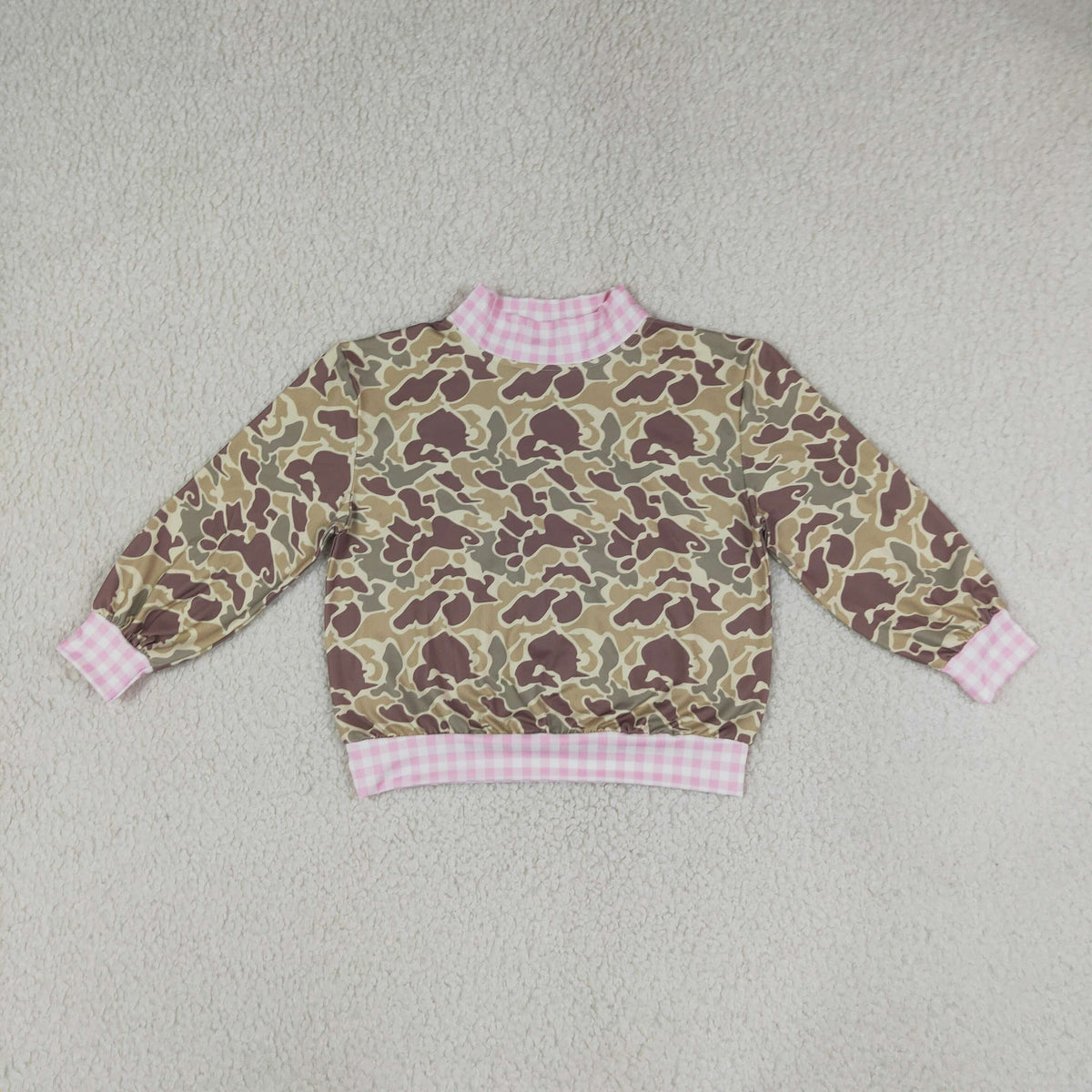 GT1841 Hunting Camo Pink Plaid Middle Neckline Pullover Kids Girls Shirt Top