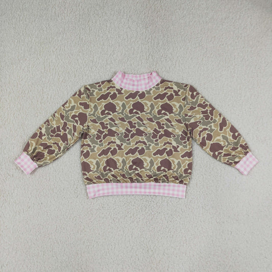 GT1841 Hunting Camo Pink Plaid Middle Neckline Pullover Kids Girls Shirt Top