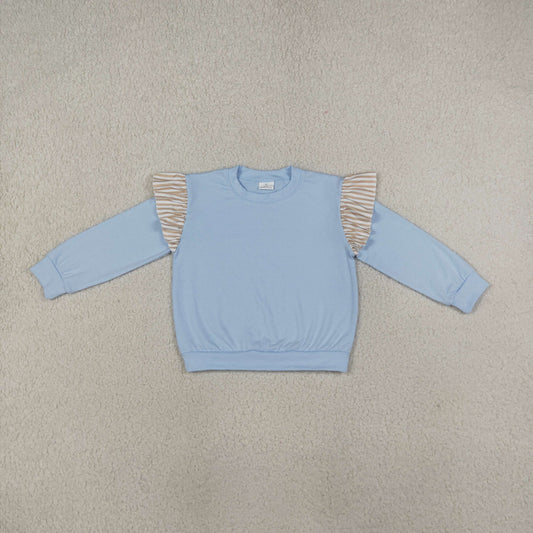 GT1843 Solid Color Stripe Ruffles Blue Kids Girls Shirt Top