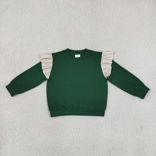 GT1845 Solid Color Stripe Ruffles Dark Green Kids Girls Shirt Top