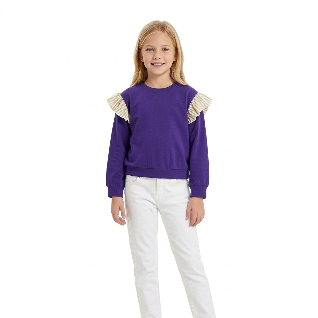 GT1846 Solid Color Stripe Ruffles Dark Purple Kids Girls Shirt Top