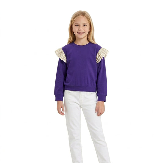 GT1846 Solid Color Stripe Ruffles Dark Purple Kids Girls Shirt Top