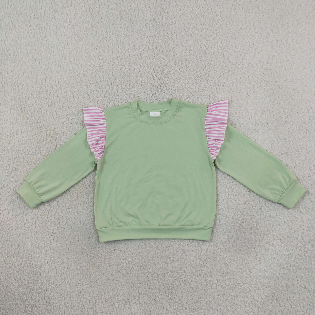 GT1847 Solid Color Stripe Ruffles Light Green Kids Girls Shirt Top