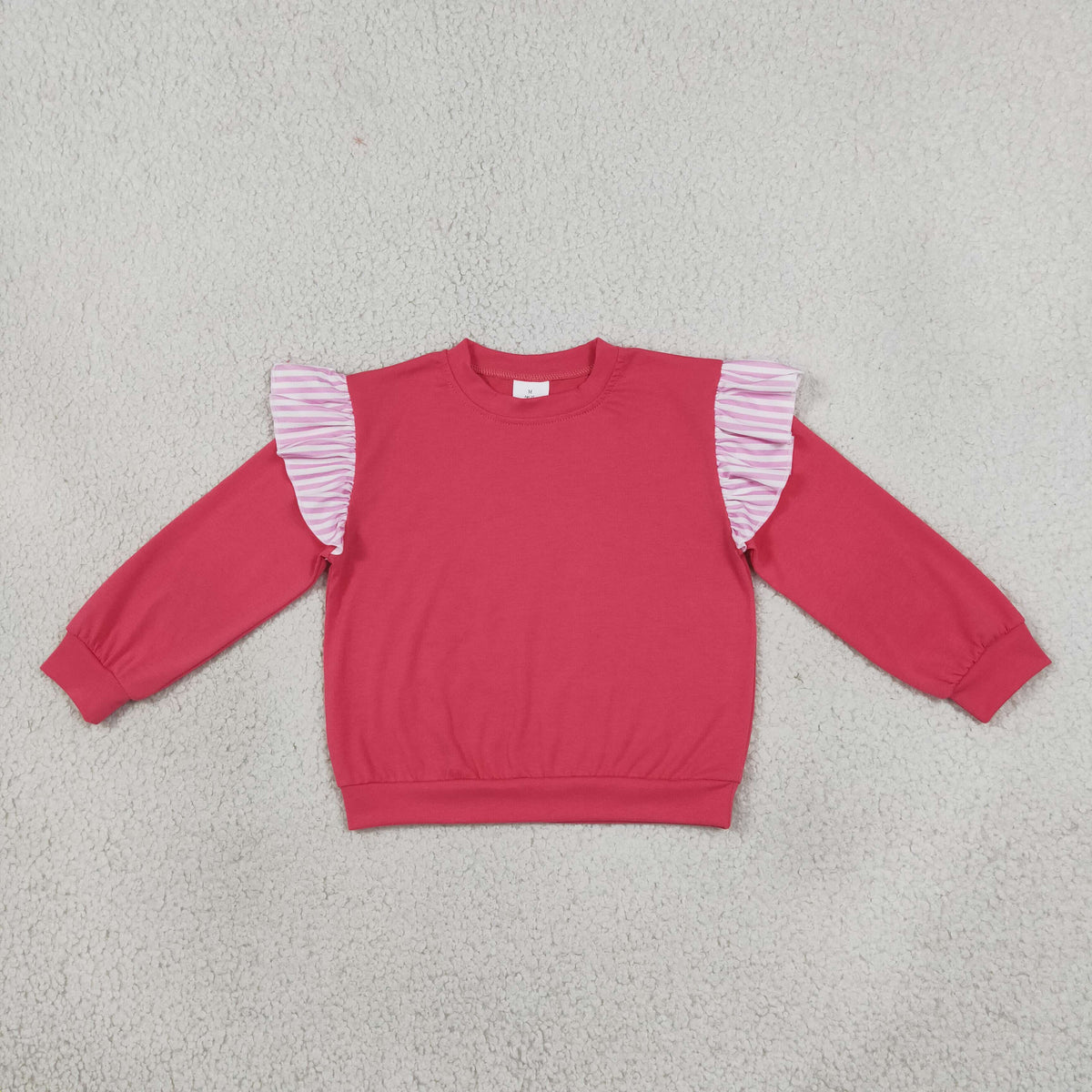 GT1848 Solid Color Stripe Ruffles Rose Red Kids Girls Shirt Top