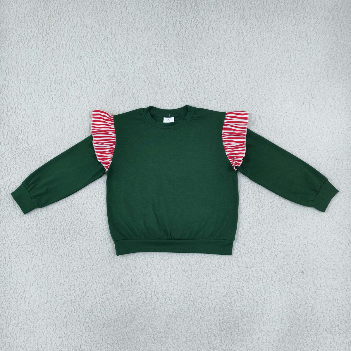 GT1850 Christmas Solid Color Stripe Ruffles Dark Green Kids Girls Shirt Top