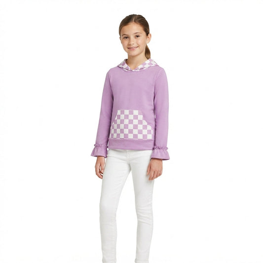 GT1852 Solid Purple Plaid Kids Girls Hoodie Pullover