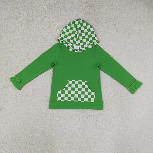 GT1855 Solid Green Plaid Kids Girls Hoodie Pullover