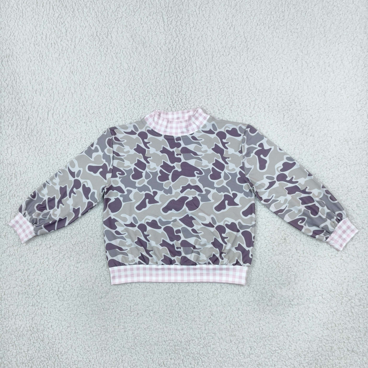 GT1873 Hunting Camo Pink Plaid Middle Neckline Pullover Kids Girls Shirt Top