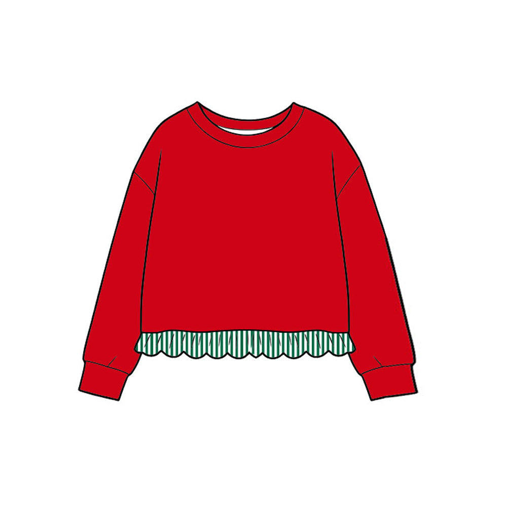 Preorder MOQ 5 Pcs GT1935 Christmas Solid Red Ruffles Pullover Girls Shirt Top