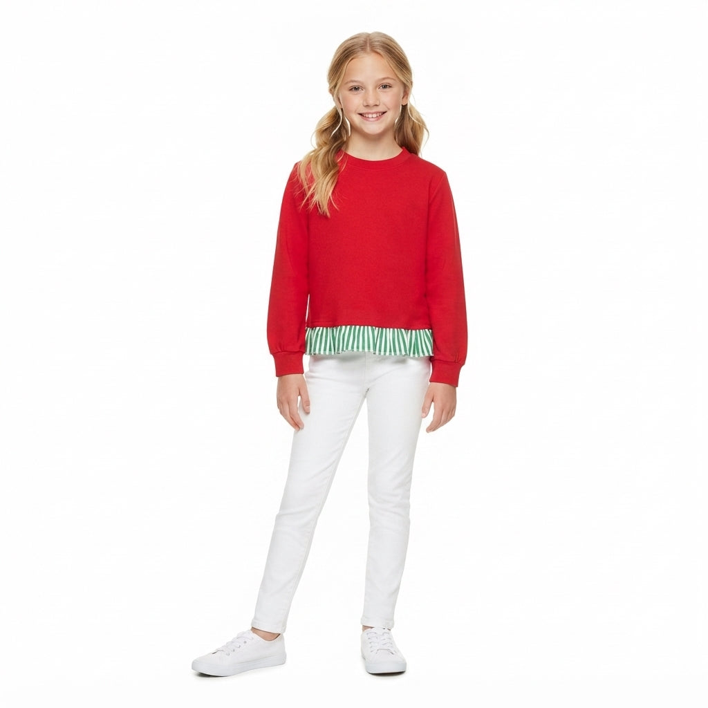 GT1935 Christmas Solid Red Ruffles Pullover Girls Shirt Top
