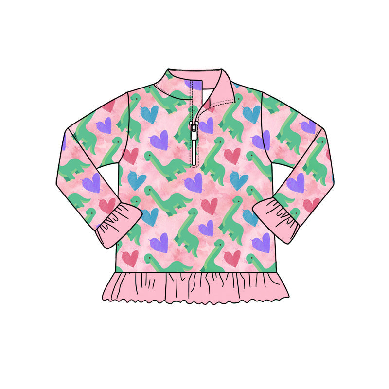 Preorder MOQ 5 pcs Each Style Valentine's Day Love Dinosaur Ruffles Pink Kids Matching Clothes