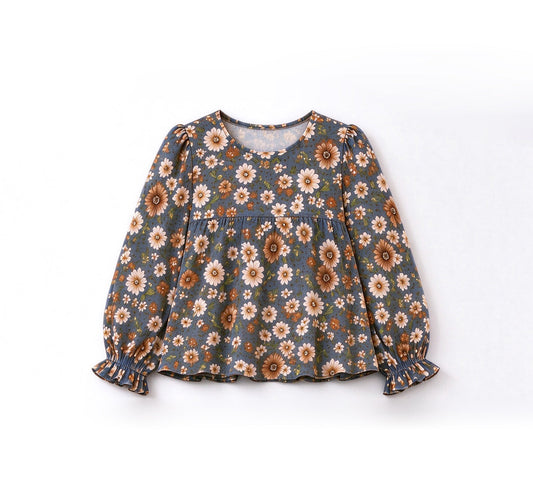 Preorder MOQ 5 pcs GLP3979 Flower Blue Wide Leg Pants Girls Set