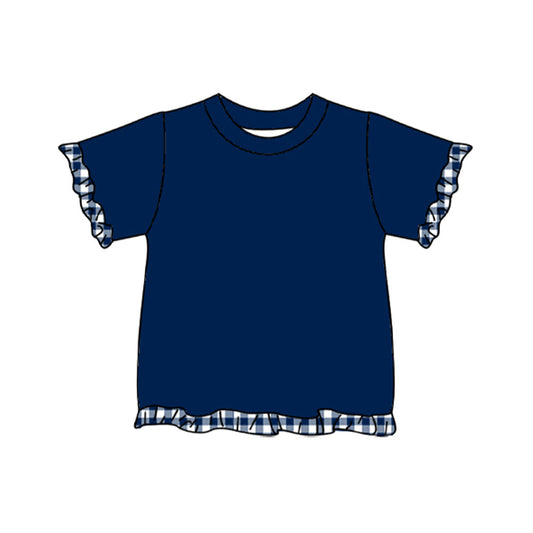 Preorder MOQ 5 pcs GSPO2409 Solid Color Plaid Ruffle Navy Girls Set
