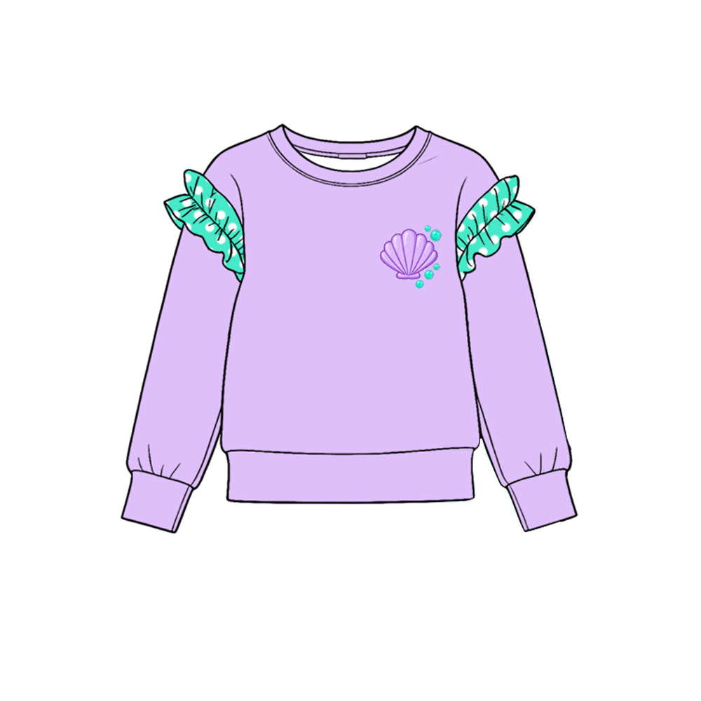 Preorder MOQ 5 pcs GLP4047 Shell Pattern Solid Color Cotton Ruffles Purple Turquoise Girls Set