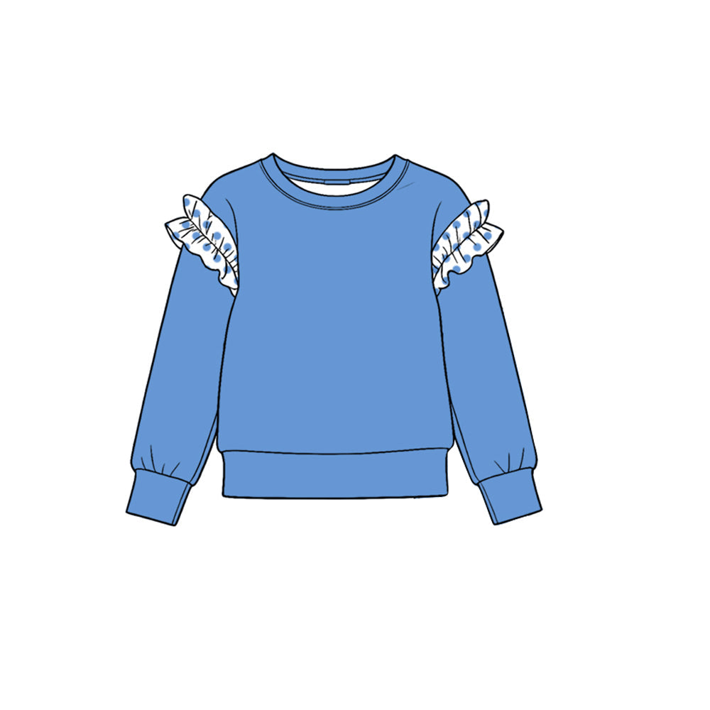 Preorder MOQ 5 pcs GLP4056 Solid Color Cotton Ruffles Blue White Girls Set