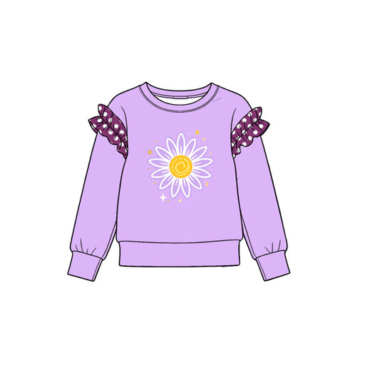 Preorder MOQ 5 pcs GLP4063 Flower Pattern Solid Color Cotton Ruffles Purple Girls Set