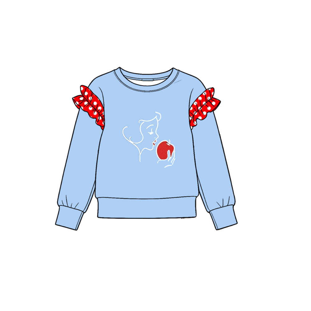 Preorder MOQ 5 pcs GLP4064 Cartoon Apple Pattern Solid Color Cotton Ruffles Blue Red Girls Set