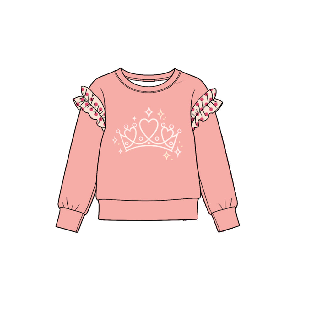 Preorder MOQ 5 pcs GLP4065 Crown Pattern Solid Color Cotton Ruffles Pink Girls Set