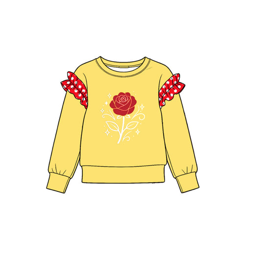 Preorder MOQ 5 pcs GLP4066 Rose Pattern Solid Color Cotton Ruffles Yellow Red Girls Set