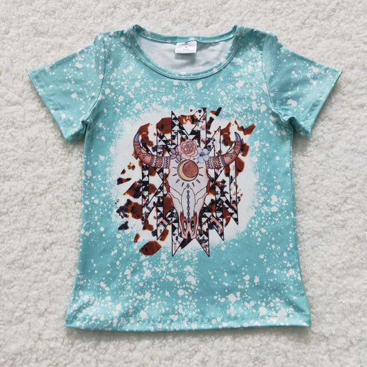 GT0238 Blue Highland Cow Girls Short Sleeve Top T-shirts