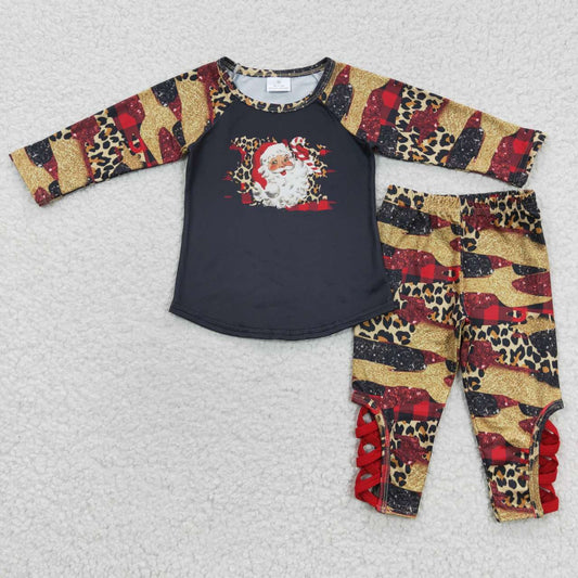 Clearance 6 B10-17 Christmas Black Leopard  Santa Boys Long Sleeve Pants Outfits Pajamas