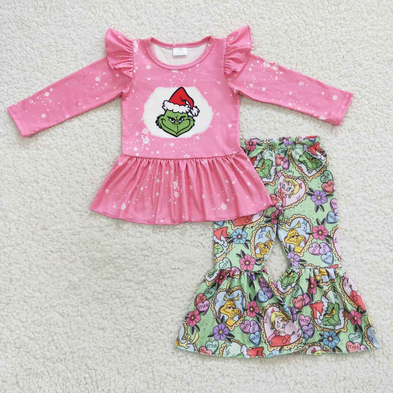 GLP0565 Christmas Santa Pink Green Cartoon Girls Long Sleeve Pants Outfits