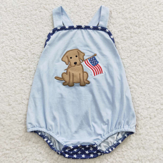 SR0331 4th Of July Blue Pink Flag Dog Embroidery Boys Short Sleeve Romper