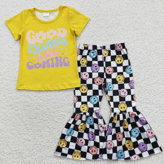 GSPO0685 Good Things Are Comming  Yellow Plaid Smile Emoji  Girls Short Sleeve Pants Outfits