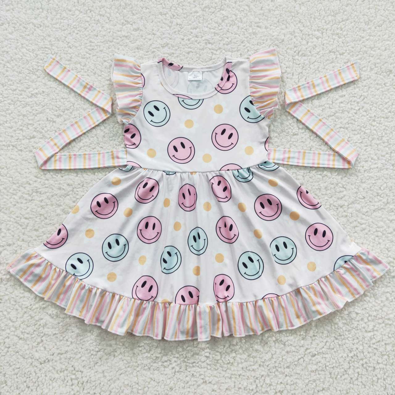 GSD0407 Pink Yellow Smile Emoji Belt Girls Short Sleeve Dresses