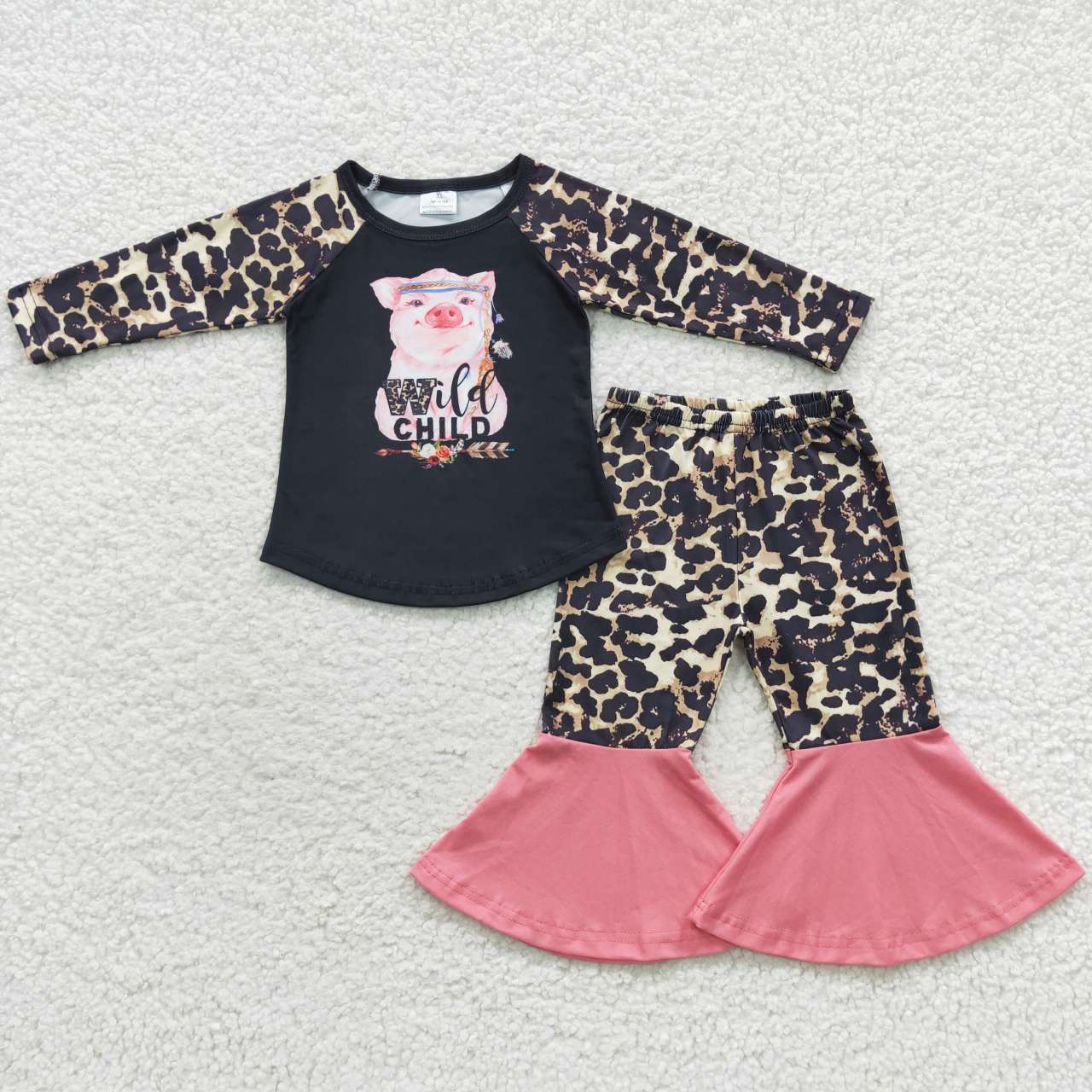 Clearance 6 A29-1 Wild Child Leopard Pink Pig Cartoon Girls Long Sleeve Pants Outfits