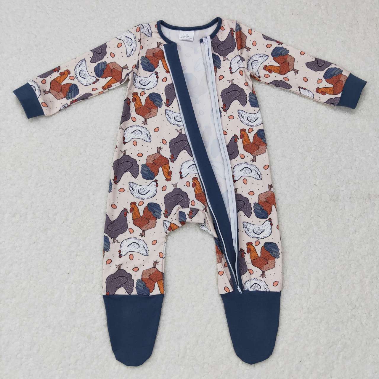 LR0560 Blue Chicken Zipper Girls Long Sleeve Romper