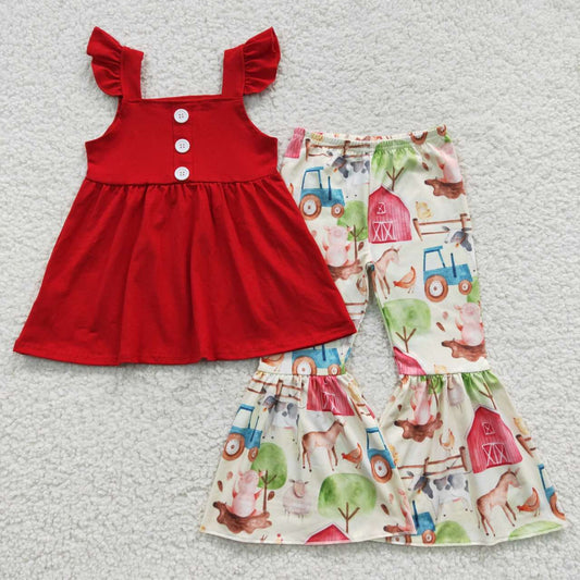 GSPO0587 Red Farm Girls Short Sleeve Bell Bottom Pants Outfits