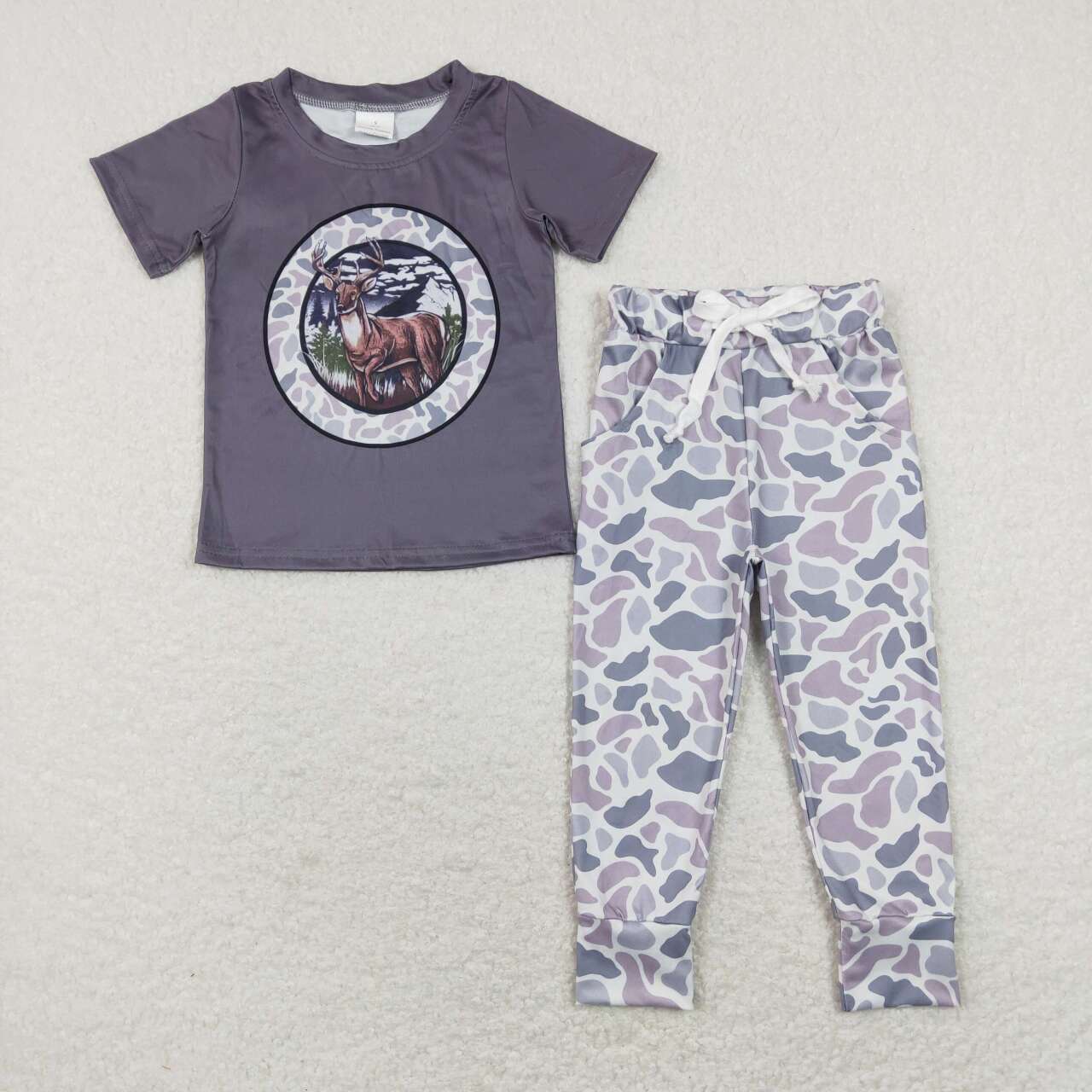 Bird Blue leopard Grey P0420 Top 2Pcs  Girls Short Sleeve Pants Outfits