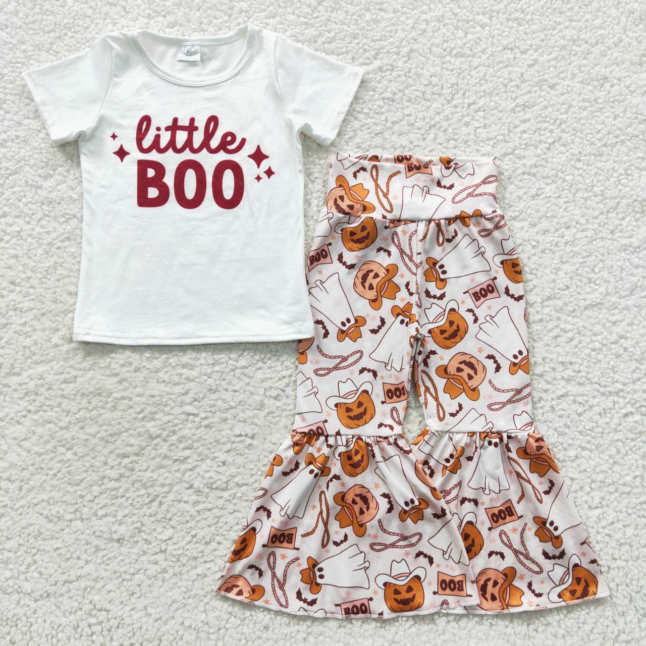 GSPO0723 Halloween Pumpkin Little Boo Headband Bow Girls Short Sleeve Pants Outfits