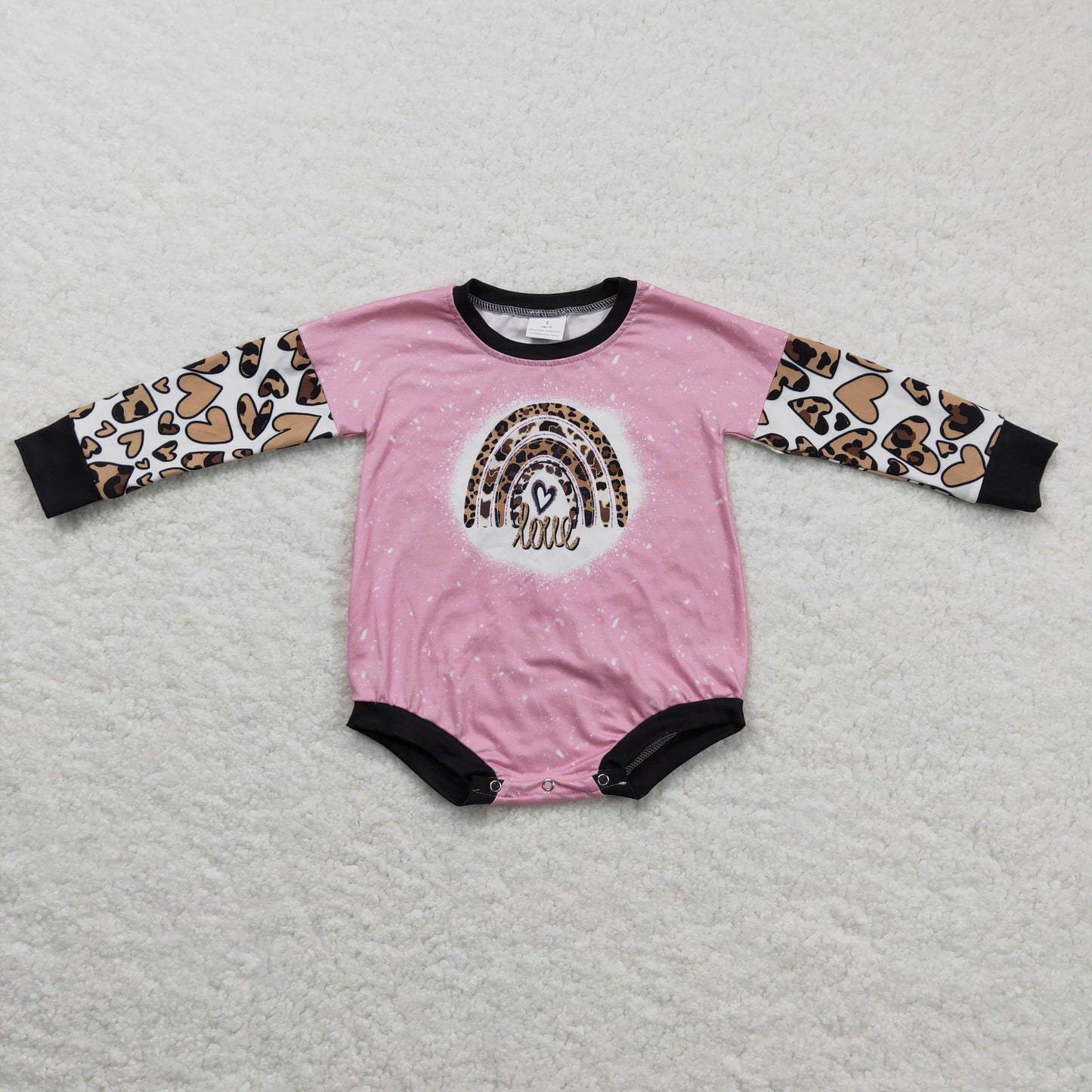 LR0220 Valentines girl boutique Romper Black Pink Leopard heart long sleeve Romper RTS 202412