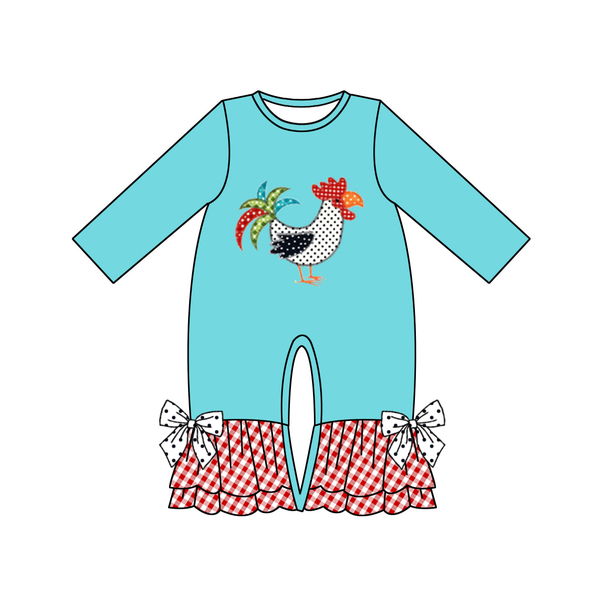 Preorder LR0361 Thanksgiving Blue Red Chicken Embroidery Girls Long Sleeve Romper