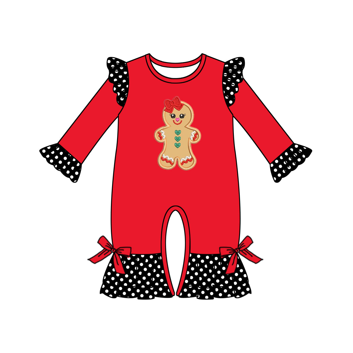 Preorder LR0364 Christmas Red Dots Gingerbread  Girls Long Sleeve Romper