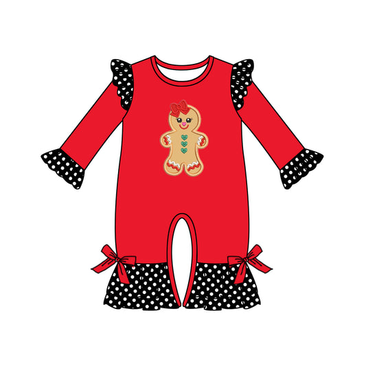 Preorder LR0364 Christmas Red Dots Gingerbread  Girls Long Sleeve Romper