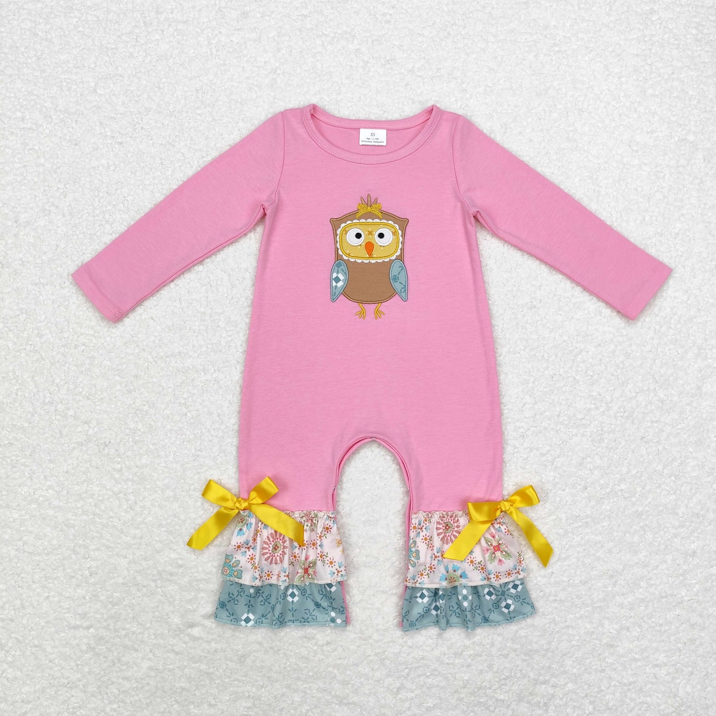 LR0494 Embroidery Owl Lace pink long sleeve onesie high quality wholesale