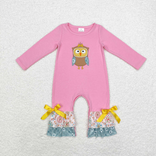 LR0494 Embroidery Owl Lace pink long sleeve onesie high quality wholesale