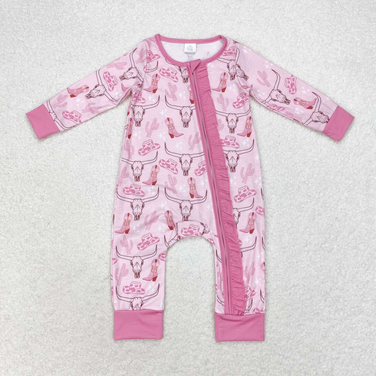 LR0689 Modal Mountain bull cowboy hat boots Pink lace zipper long-sleeved onesie baby cotton rompers RTS Free Shipping Over $100