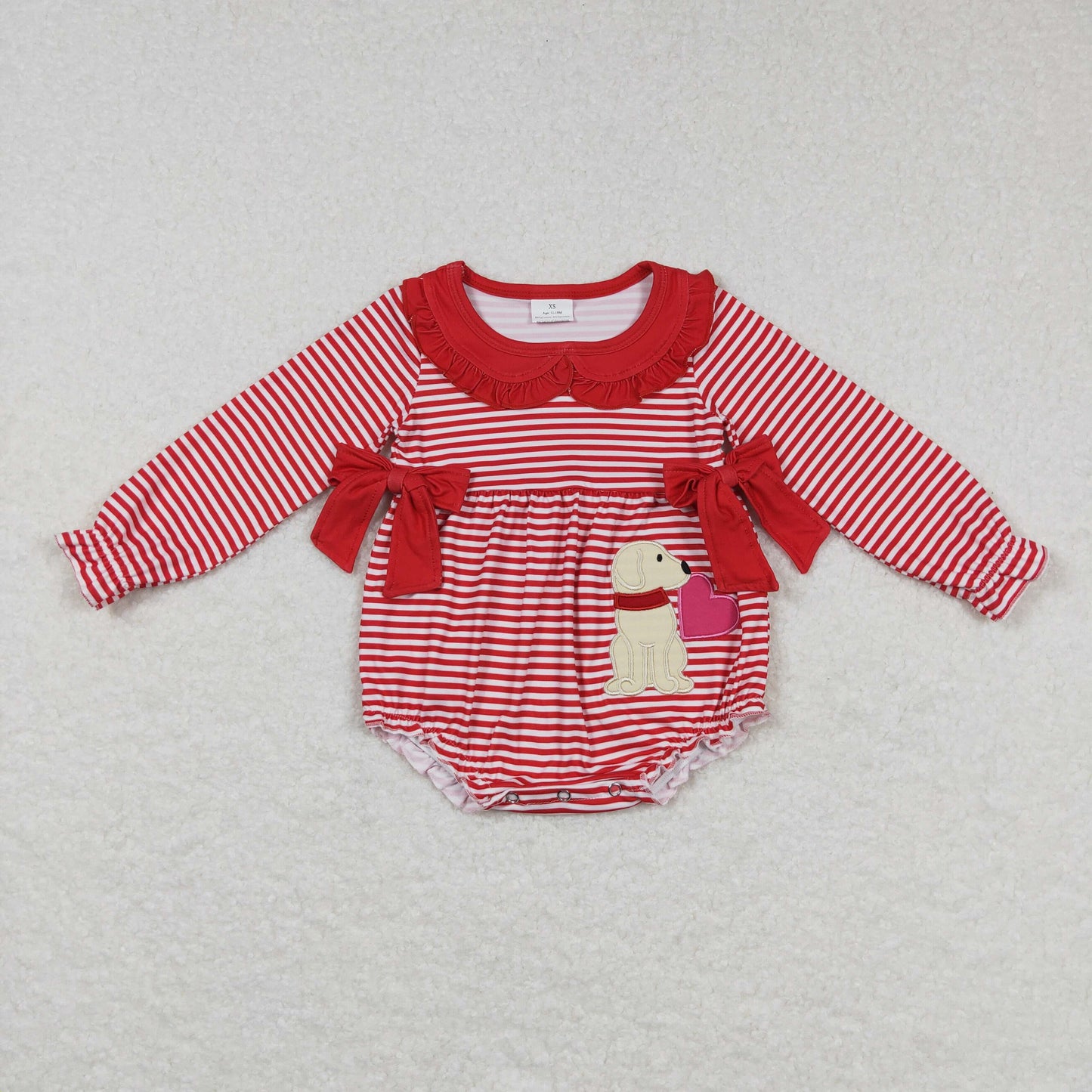 LR0763 Valentines Romper Red Ruffle Bow long sleeve Romper with puppy love RTS 202412